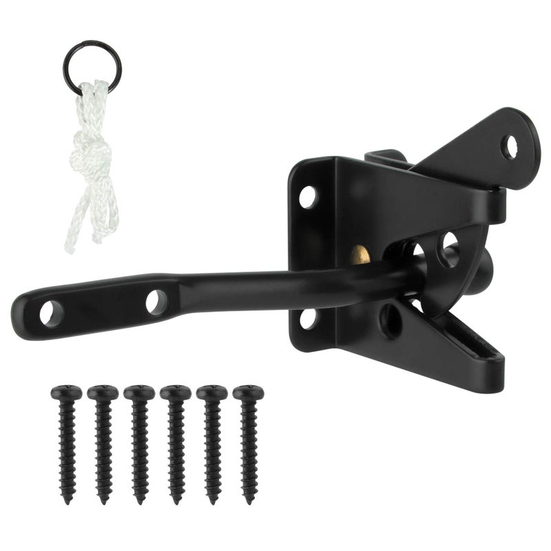 HILLMASTER Upgrade Self-Locking Gate Latch for Wooden Fence Heavy Duty, Automatic Gravity Lever Door Latches with Longer Fasteners & Pull String for Secure Pool, Garden, Black Finish/4.7in - Image 1